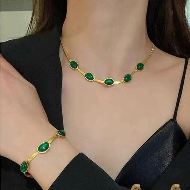 Oval Green Crystal Pendant & Bracelet