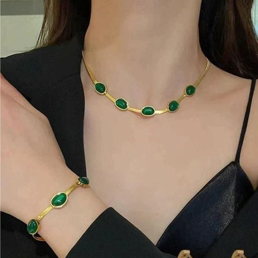 Oval Green Crystal Pendant & Bracelet